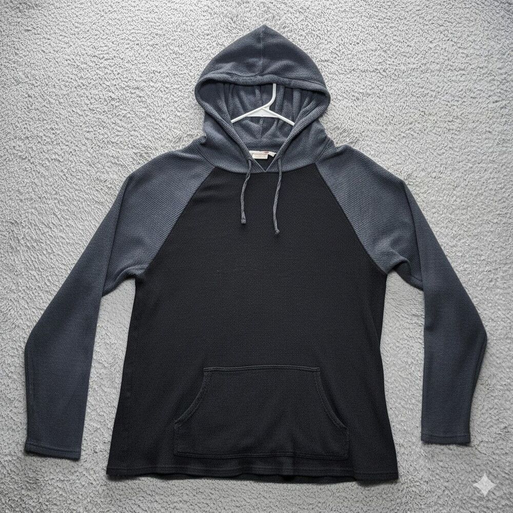GAP Mens L Thermal Waffle Knit Hoodie Two Tone Gray Raglan Pullover Sweatshirt